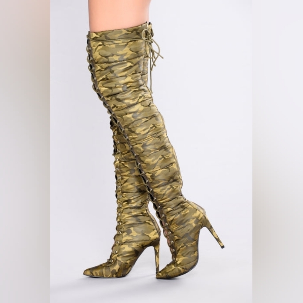 AZALEA WANG "WARZONE DIVA" Camouflage Over-the-Knee Lace-Up Stiletto Boots